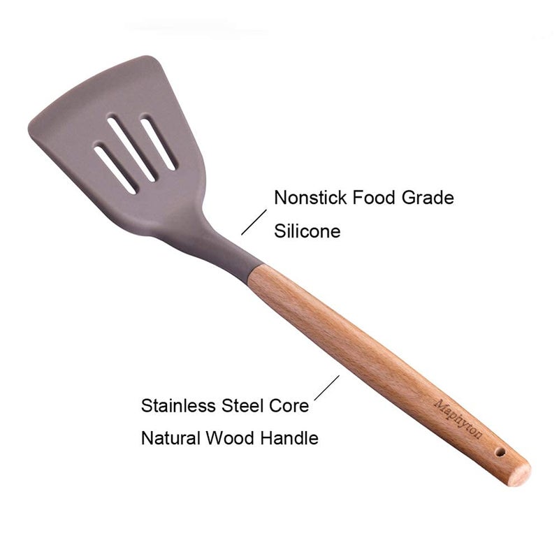 Maphyton Mapthon Silicone Cooking Kitchen Utensils Set 6 PCS with Wooden Handle for Non-Sticker Cookware Heat-Resistant Kitchen Gadgets Serving Spoons, Slotted Turner, Spatula, Spaghetti Server(Grey) - Image 5